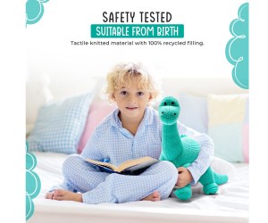 Knitted diplodocus dinosaur soft toy in ice blue colour with long neck and tail and smiley face